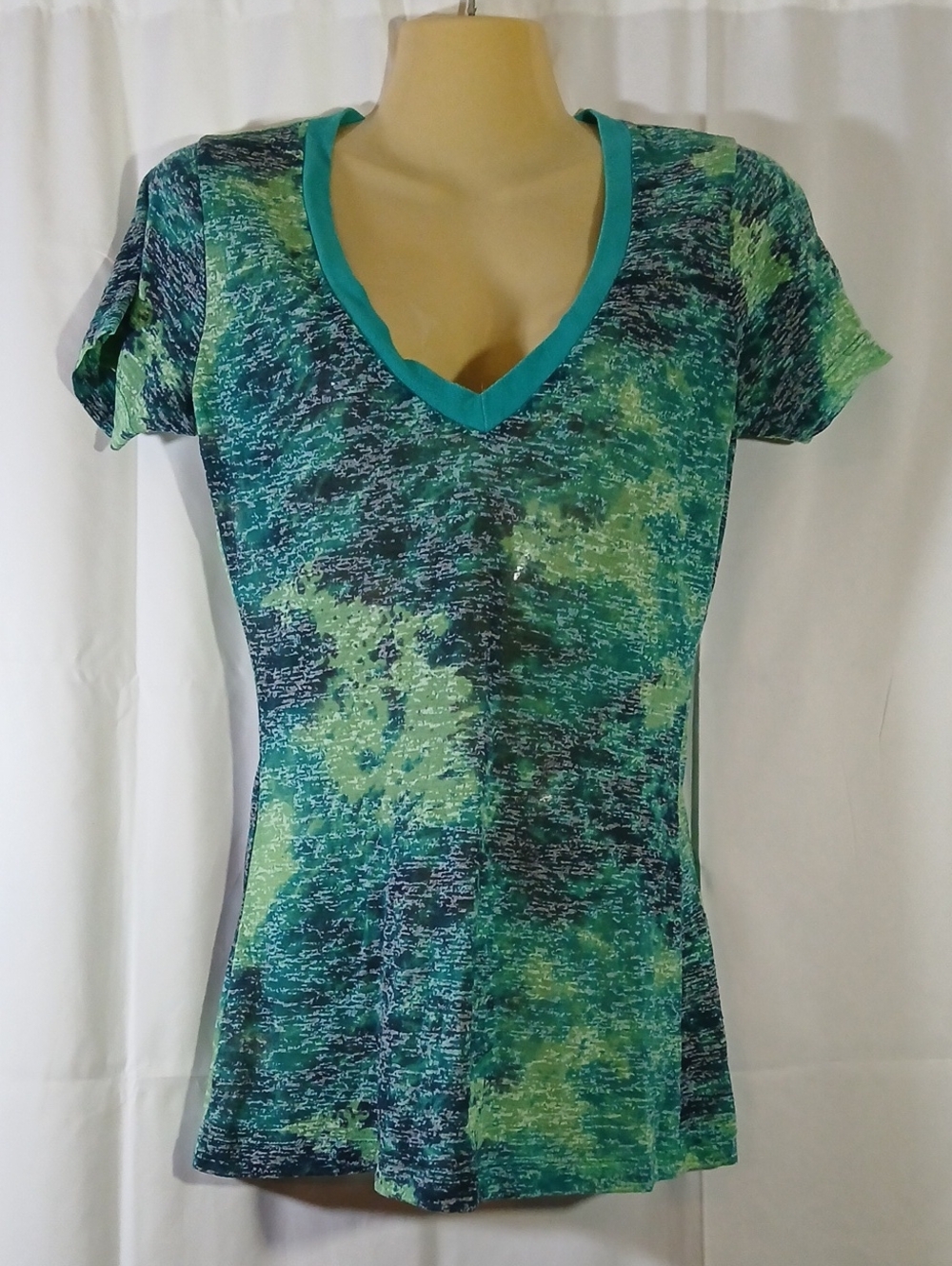 Daytrip Y2K Womens Medium Burnout Knit Tee Teal Green V-Neck Top Shirt